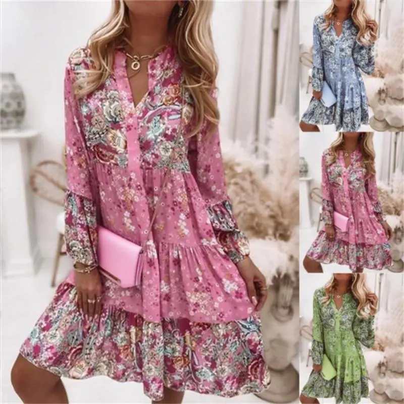 Women Casual Summer Dress Boho V Neck 3/4 Sleeve Babydoll Floral Print Flowy Beach Dress