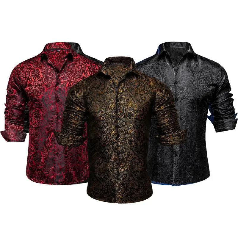 3 Pack Luxury Formal Casual Men Paisley Floral Anti-Wrinkle Dress Breathable Anti-Wrinkle Slim Long Cufflinks Cotton Cloth Men Shirt Business Top Wedding Party Menswear Gamis Brown + Blue + Black Tropical