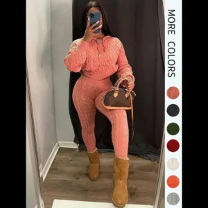 Women's Minimalist Textured Long Sleeve Crop Hooded Sweater & High Waist Skinny Pants Set, Casual Chic Cozy Lady Knitwear Outfits Suits, Basic Womenswear