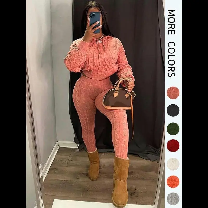 Women's Minimalist Textured Long Sleeve Crop Hooded Sweater & High Waist Skinny Pants Set, Casual Chic Cozy Lady Knitwear Outfits Suits, Basic Womenswear