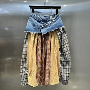 Women's Fashion Plaid Denim Patchwork Contrast Color Skirts 2025 Spring New Items Casual A-line Skirt Female 11A02462