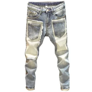 Xeno Thread Male personality, multiple pockets, slim fit, small foot splicing, elastic patch fabric, handsome jeans