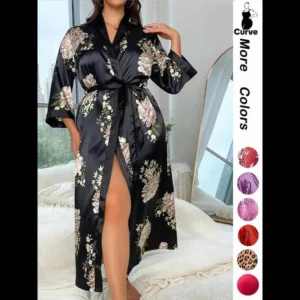[Plus Size] Halloween Print Belted Wrap Long Sleeve Loose Loungewear Robe, Women Long Sleeves Nightwear, Fall Lady Long Lounge Robe Gowns, Halloween Pajamas, Robes for Women, Floral Print Robe, Wrapped Belted Robe, Casual Soft Bathrobe Womenswear Vneck