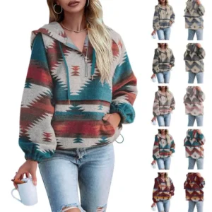 Women’s Hoodie Zip Up Long Sleeve Aztec Loose Fit Sweatshirts Pullover Tops