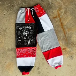 Sustainable patchwork jogger pants with spooky vintage fabrics, Halloween streetwear for couples..