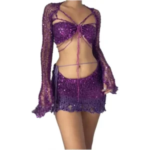 3-Piece Women Sweater Set Knitted Crop Top Skirt Set Sexy Hollow Out Sequin Bandage Tube Top Short Skirt Jeans Set Outfit Matching