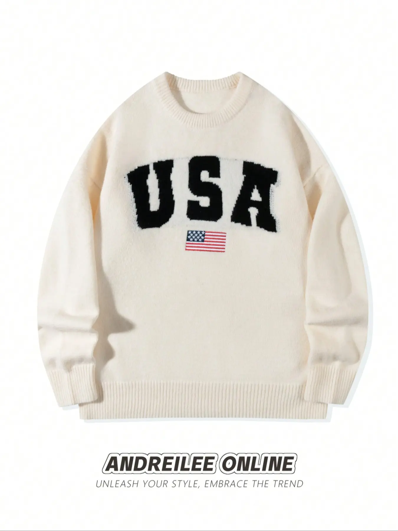 Men's & Women's Casual Round Neck Long Sleeve Knit Sweater, American Flag Letter Print, Loose-Fitting Fall Winter Warm Pullover