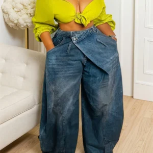 2025 Symmetrical & Asymmetrical Jeans for Women Elastic Comfortable Seasons Fashionable Flowy Bottoms for Outdoor Wear Day Oversized Stretchy Pants Short Summer Basic Minimalist Style Trouser Streetwear Elastic Comfort Versatile Pockets Layering Options