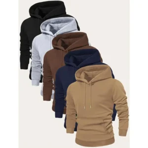 5-Piece Set of Premium Solid Color Hooded Long Sleeve Sweatshirts - Fashion Hoodies for Men - Casual Sports Wear with Kangaroo Pocket for Spring and Fall Jogging, Outdoors Leisure, and Everyday Comfort