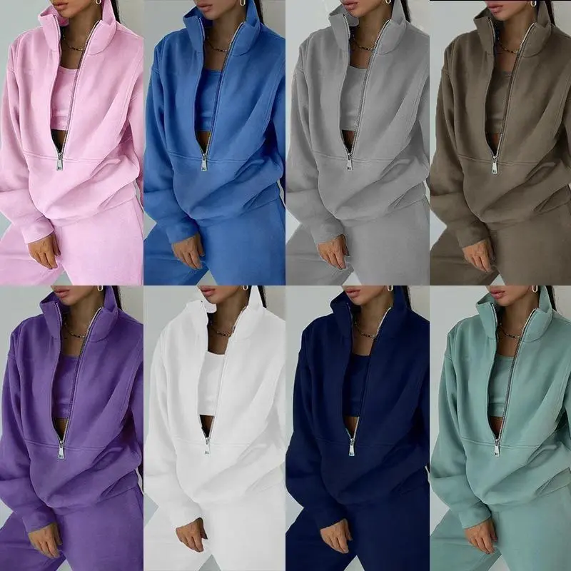 Spring and Autumn solid color half-zip fleece casual fashion sweatshirt two-piece set