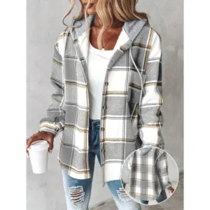 [Plaid Shacket] Warm Plaid Long Sleeve Shacket - Button Fleece Lined Hooded Jackets Coat Fabric Womenswear jewelry safety chain undefined undefined undefined