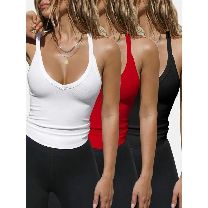 Women's Solid Backless Racerback Tank Top, Casual Sleeveless Deep V Neck Top for Daily Wear, Vests for Women, Ladies Clothes for All Seasons crop tops