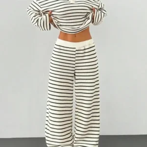 Women's Striped Textured Flare Polo Collar Set, Casual Daily Commute, Two-Piece Suit for WomenGift