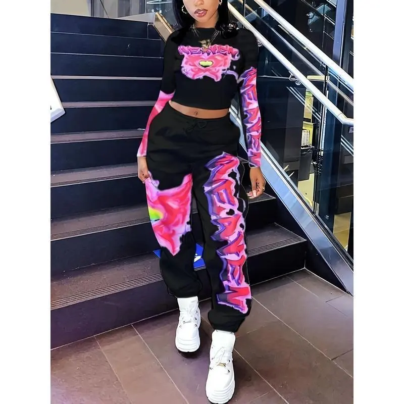 Women's Heart and Letter Printed Long-Sleeved Top and Sports Pants Two-Piece Set, Casual Style Womenswear Clothes