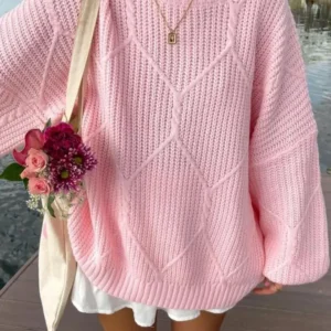Women's Oversized Cable Knit Solid Color Long Sleeve Sweater Crew Neck Chunky Warm Thick Autumn Winter Cute Pullover Sweater for Casual Daily Wear, Fall Outfit for Women, Winter Sweater for Women, Women Winter Lightweight KnitwearGift