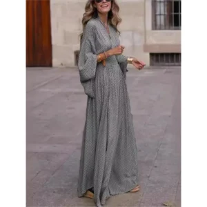 Vintage Boho Women's Casual Dress Sping Fall Fashion V-neck Lantem Sleeve Folds Waist Loose Maxi Streetwear Dresses For Women