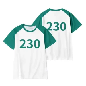 Squid Game inspired green T-shirt with player number – Unisex, for cosplay, Halloween or everyday wear. Minimalist design, for fans who want to stand out with their personal style. Top Womenswear Tshirt Streetwear(Raincoats)