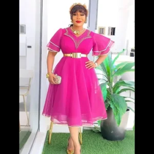 Elegance Ceremonial Female Dress - Pink Casual Dress with Short Sleeves Minimalist Design Comfortable Fit Ideal for Summer Wear Elegant Formal Womenswear Style Basic Shortsleeve