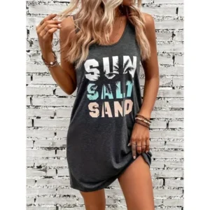 Letter & Coconut Tree Print Tank Dress, Casual Sleeveless Dress For Spring & Summer, Women's Clothing Beach Tropical Womenswear Comfort •