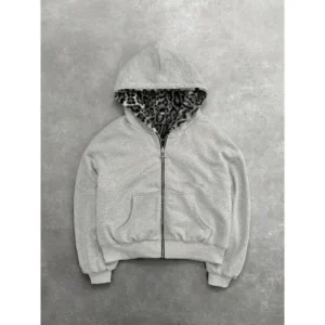 2024New Two-sided Clothing Harajuku Retro Leopard Print Fashionable Loose Zipper Hoodie Men Street Hip-hop Casual Sweatshirt Women2025(Raincoats)