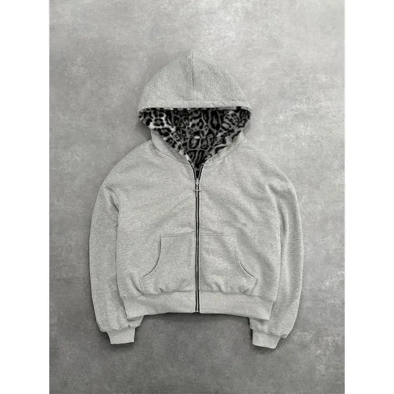 2024New Two-sided Clothing Harajuku Retro Leopard Print Fashionable Loose Zipper Hoodie Men Street Hip-hop Casual Sweatshirt Women2025(Raincoats)