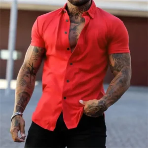 Dark Grey Men's Short Sleeve Lapel Shirt Fitted Solid Color Sports Casual Business No Iron Oversized XS-4XL Tops Beige Tropical