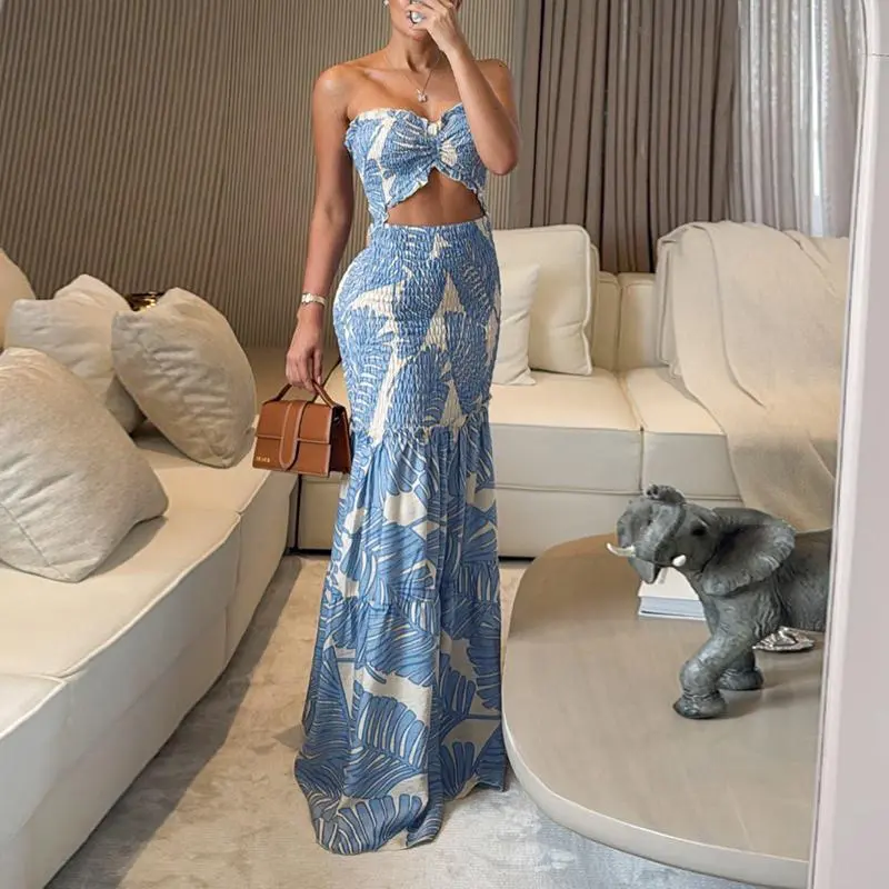 Women's Tropical Print Drawstring Ruched Shirred Frill Trim Bandeau Vacation Dress Cinched Waist Slim Fit Ruffle Hem Mermaid Dress Beach Casual Cutout Fitted Floral Womenswear