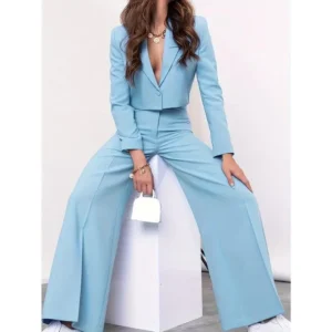 Lightweight Blazer Jacket - Women's Business Casual Outfits Suit Set - Wide Leg Pants Long Sleeve Fabric Spandex Womenswear Button Chic Solid Woven