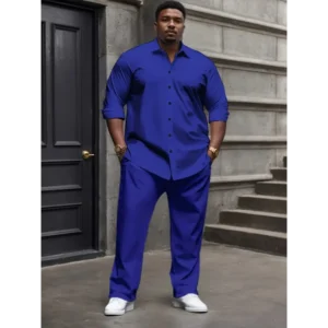 Men's plus size casual outfit set-solid color, long sleeve button-up shirt & pants with pockets, stretch fabric, machine washable, plus size