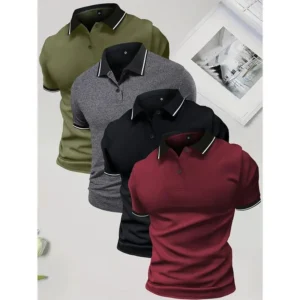 4-Pack Men'S Summer Polo Shirts, Solid Color Short Sleeve, Regular Fit, Knit Fabric, Polyester 95%, Elastane 5%, Lapel Collar, Button Detail, Slight Stretch, Casual Sportswear Tops Menswear Beige(Raincoats)