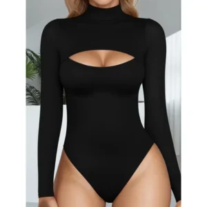 Sexy Long Sleeve High-Neck Bodysuit - Elegant Women's Stretch Rayon Blend with Cutout Design, Machine Washable Fabric Spandex