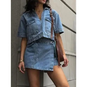 Womens 2pcs Denim Outfits Short Sleeve Lapel Jean Tops and Asymmetrical Shorts Set Streetwear Clothes Suits Blue Matching Casual Cotton