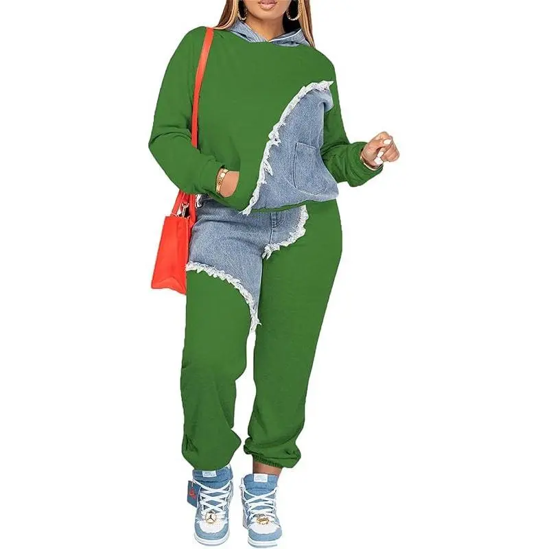 Women Long Sleeve Casual Hoodie Sweatshirt Pants Set with Pockets Patchwork Denim Sweatsuits(Raincoats)