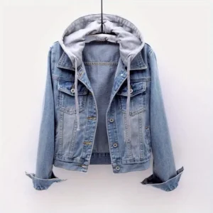 Women's Casual Denim Jacket, Long-sleeved Hooded Short Denim Coat with a detachable hood, suitable for spring and autumn as well as any occasion. Blue Fashion Womenswear Matching Style Tops Basic Fitted Minimalist