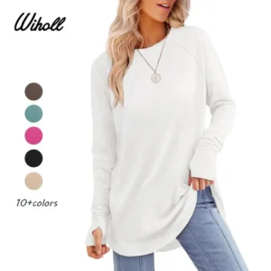 WIHOLL Womens Tunic Tops to Wear with Leggings Long Sleeve Thumb Hole Shirts Crew Neck Curved Hem(Raincoats)