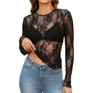 Womens Mesh Tops Lace Long Sleeve Shirts Crewneck Slim Fitted Outfits See Through Blouses Chic Elegance