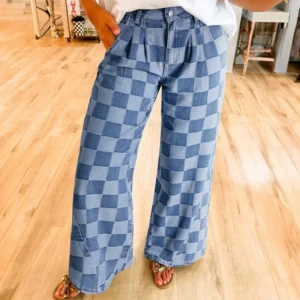 Women's Checkered Denim Wide Leg Jeans for Dailywear