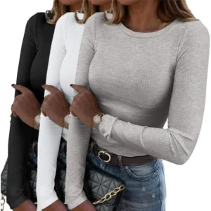 Women long sleeve stretch crewneck rib T-shirt Slim fit casual basic tops S-XXL No.826