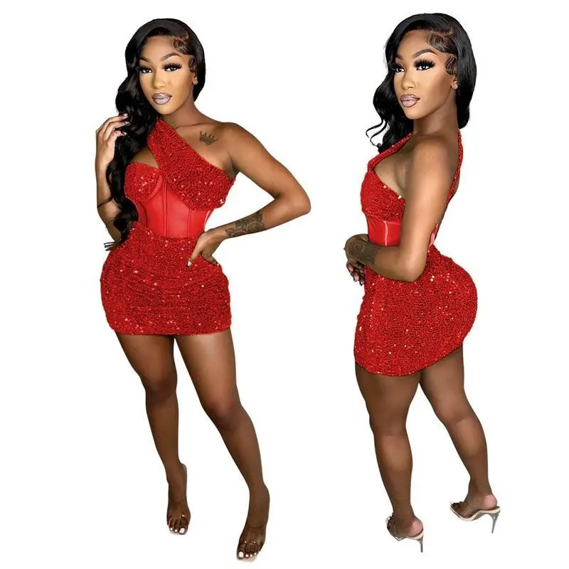 2025 new sexy diagonal collar sequins trimming polyester net nightclub party hip bag dress women