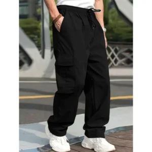 Men's Casual Cargo Pants with Elastic Drawstring Waist - Spacious Multi-Pocket Design, Loose Fit, Solid Color - Ideal for Outdoor Adventures