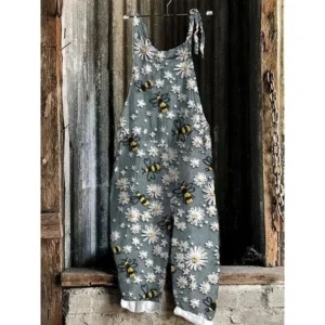 Vintage Floral & Bee Print Overalls for Women - Gray Sleeveless Jumpsuit with Bow Detail, Casual Spring/Summer/Fall Wear, Machine Washable, Casual Summer Wear | Playful Print | Nontransparent Material