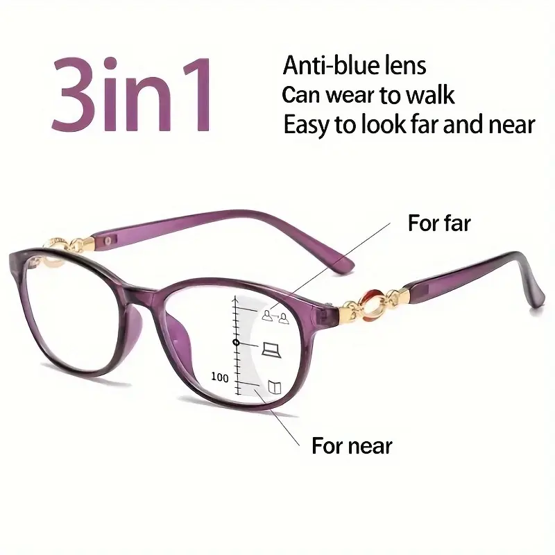 Elegant 3-in-1 Progressive Multifocal Reading Glasses for Women, Anti-Blue Light, Full Rim Oval Frame, PC Lens, Farsightedness, +1.0 to +4.0 Vision Eyeglasses Purple