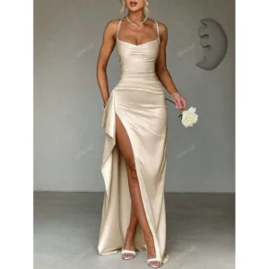 Elegant Sexy Satin Strapless Off Shoulder Ruffle Trim Waist Party Dress, Bridesmaid Gown, Formal Ball Gown Women Spring