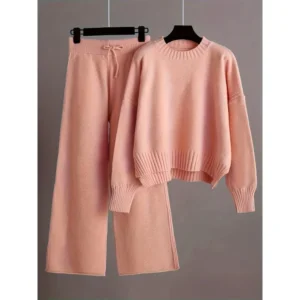 2025Women's Casual Knitwear Set - Cozy Long Sleeve Crew Neck Sweater & Wide-Leg Pants, Solid Color, Polyester Clothing Collar