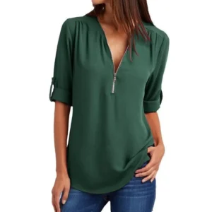 Women's 3/4 Length Sleeve V Neck Flowy Tunic Blouses Work Tops Shirts with Zippers Womenswear Army