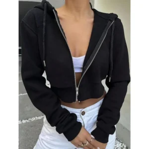 Chic Fleece-Lined Zip-Up Hoodie for Women - Casual Solid Color, Long Sleeve Crop Top with Drawstring & Pockets, for Winter