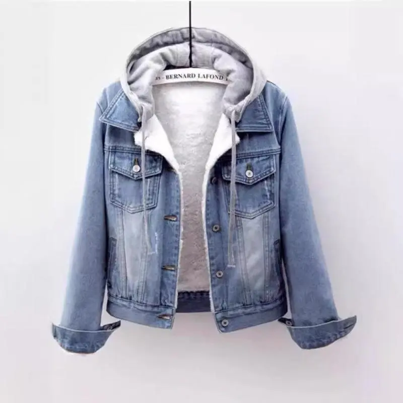 Women Denim Cost Hooded Single Breasted Button Jackets Patchwork Outerwear Cardigan Pockets High Street Warm Solid Casual oversized loose denim jacket Blue Coats