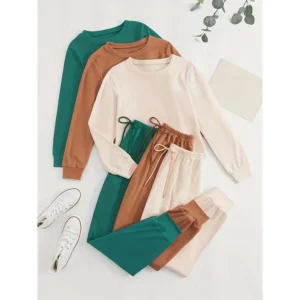 Women's Solid Color Long Sleeve Tee & Tie Front Elastic Waist Pants Lounge Wear Set, Casual Comfortable Comfy Round Neck Top & Trousers Pajama Set, Lounge Sets, Ladies Sleep Clothes for Spring & Fall Sleepwear With Belt Nightwear