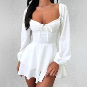 1pc Sexy Backless Lace-Up Lantern Sleeve Dress, Elegant Pleated Jumpsuit Suitable For Bar, Party