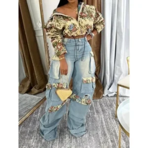 Washed Women's Full Sleeve Floral Jacket and Pocket Cargo Jeans Top Clothes Suits Baggy Womenswear Comfort Turtleneck Loose Oversize Oversized two  piece  outfit 2 piece sets women No.021 Pants Gamis